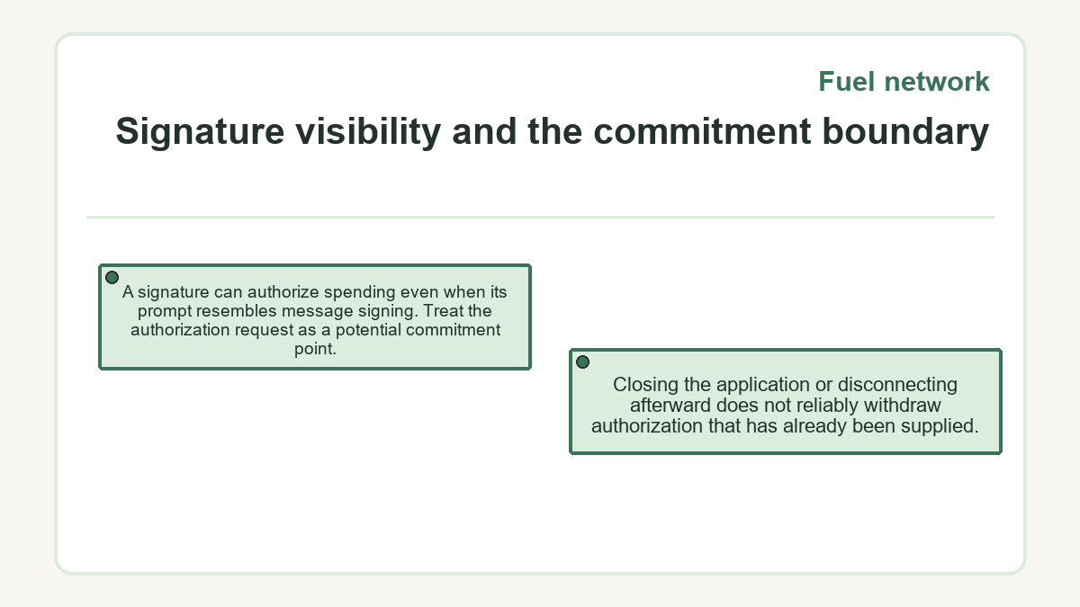 Signature visibility and the commitment boundary: A signature can authorize spending even when its prompt resembles message signing. Treat the authorization request as a potential commitment point.; Closing the application or disconnecting afterward does not reliably withdraw authorization that has already been supplied.