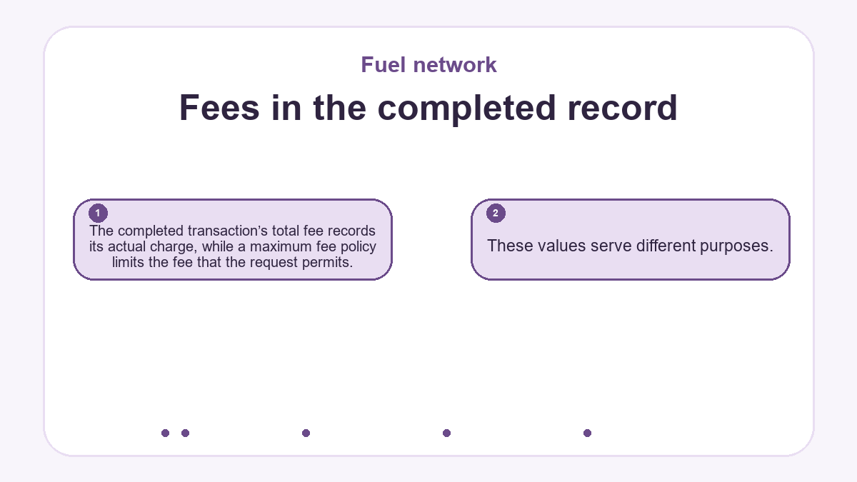 Fees in the completed record: The completed transaction’s total fee records its actual charge, while a maximum fee policy limits the fee that the request permits.; These values serve different purposes.