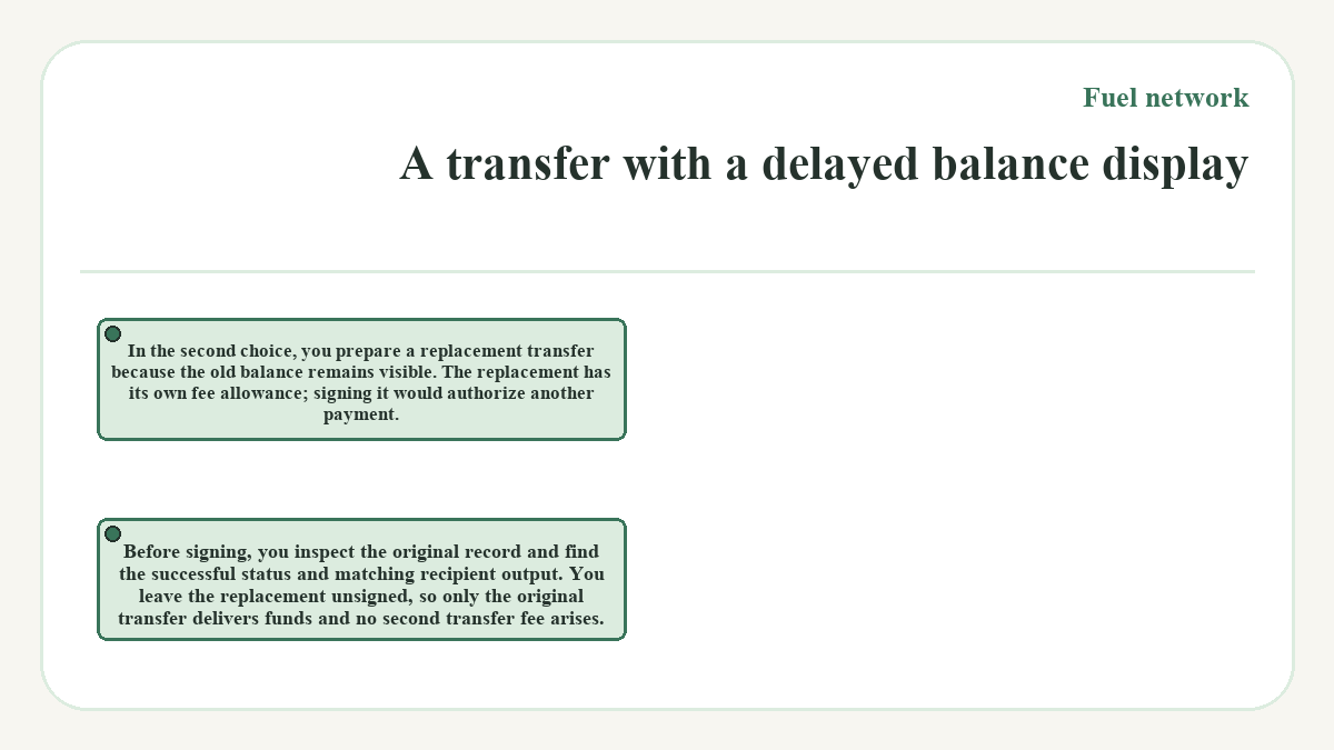 A transfer with a delayed balance display: In the second choice, you prepare a replacement transfer because the old balance remains visible. The replacement has its own fee allowance; signing it would authorize another payment.; Before signing, you inspect the original record and find the successful status and matching recipient output. You leave the replacement unsigned, so only the original transfer delivers funds and no second transfer fee arises.